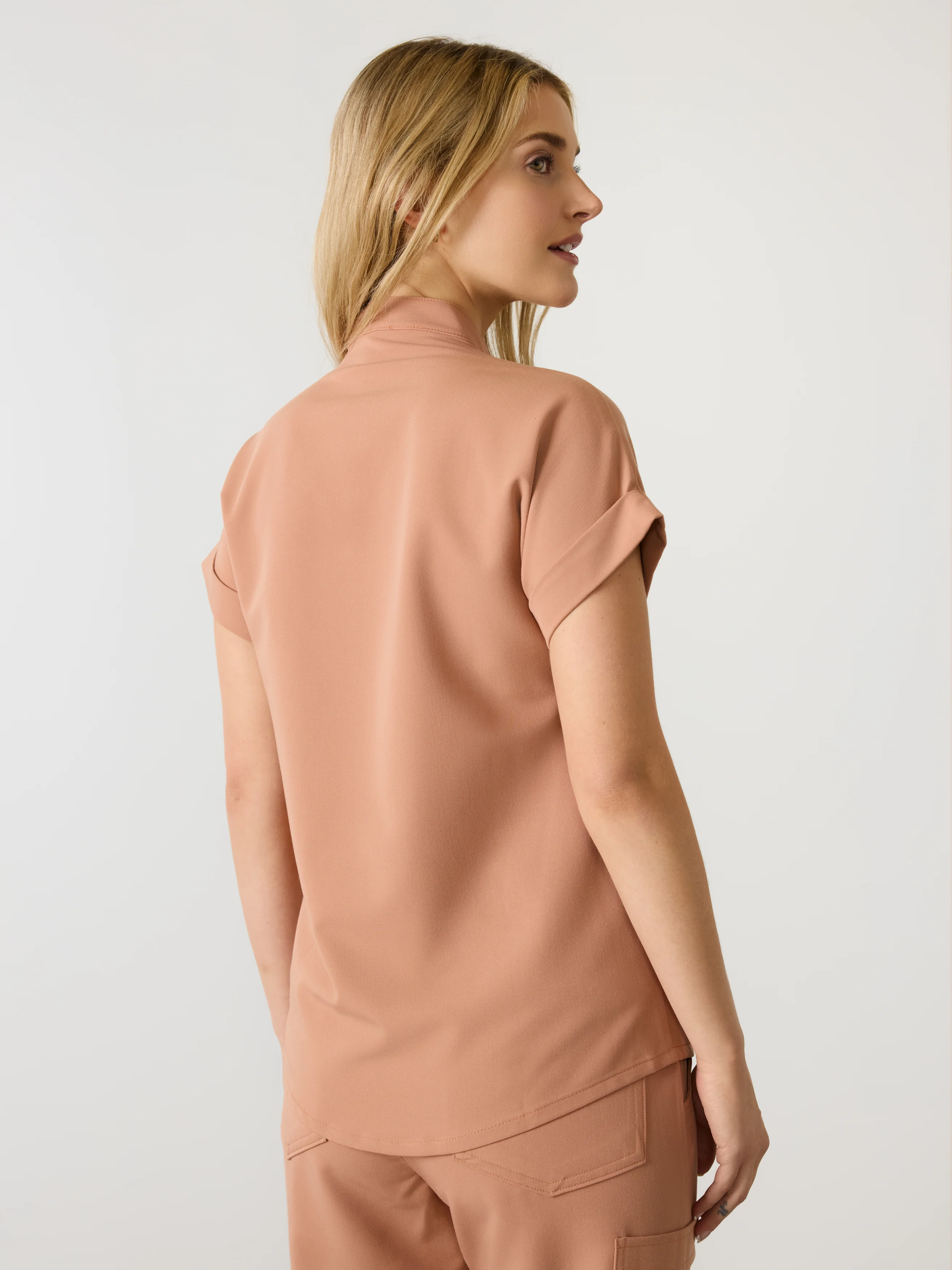 CHARLIE RE-GARDE™ - MOCHA - Mandarine Collar Scrub Top - SILVADUR™ - Final Sale - Image 3